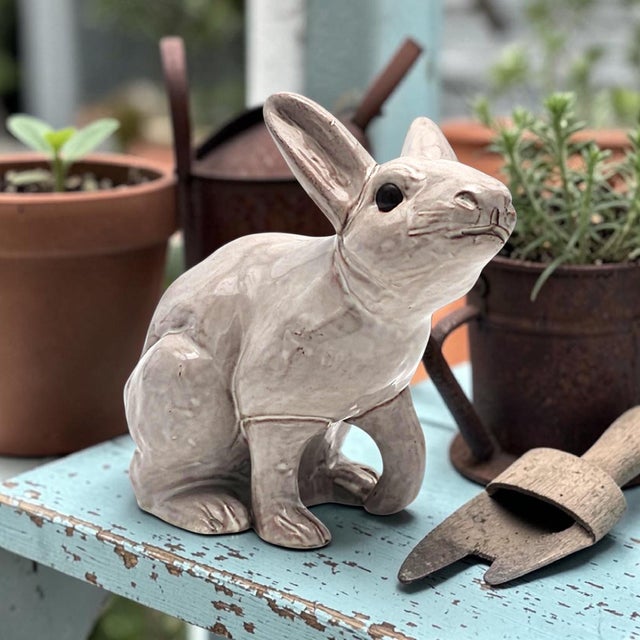 A hand-crafted studio pottery rabbit executed in terracotta with a glossy white glaze and applied amber glass eyes. The...