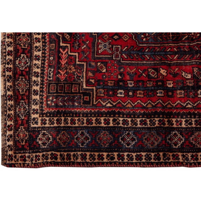 Vintage Handmade Persian Red Geometric Wool Rug 4'8" X 5'2" For Sale - Image 4 of 11