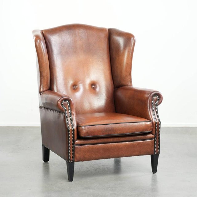 Sheepskin Wing Armchair in Cognac Color For Sale - Image 13 of 13