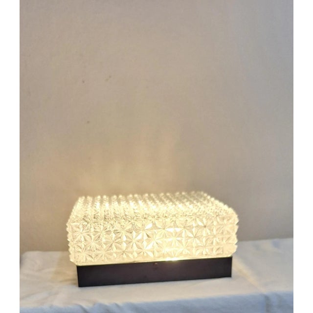 1970s Vintage German Ceiling Lamp with Black Plastic Base and Patterned Glass Shade from Erco, 1970s For Sale - Image 5 of 9