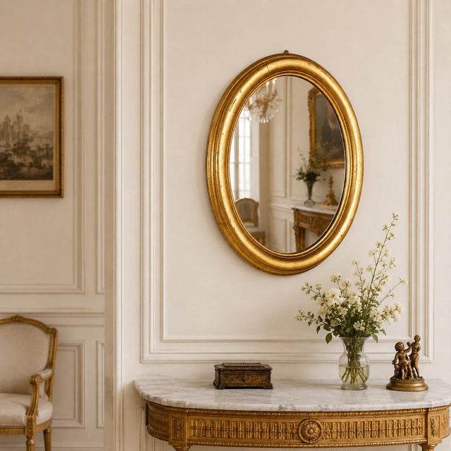 Antique Italian oval wall mirror from the 19th century, crafted in wood with a gilt gold-leaf finish. The frame features...