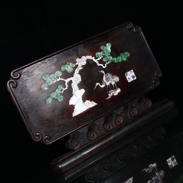 Chinese Vintage Chinese Rosewood Table Screen With Mother-of-Pearl Inlay – "Pine & Crane" Motif For Sale - Image 3 of 9