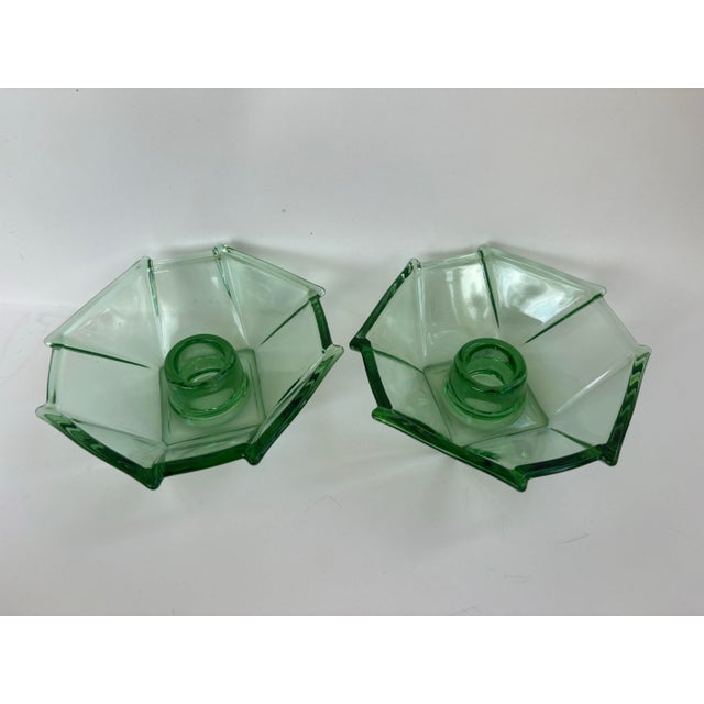 1940s Pair of Art Deco Uranium Glass Geometric Candlesticks, Octagonal Form For Sale - Image 5 of 8