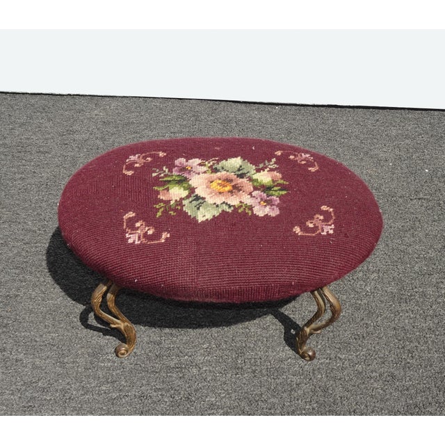 1950s Footstool - Vintage Victorian Style Burgundy Oval Floral Needlepoint Footstool For Sale - Image 5 of 15