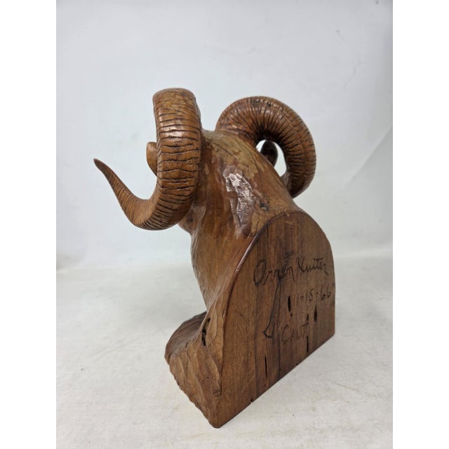 Vintage 1966 Hand Carved Wood Bighorn Sheep Ram's Head 9" Tall Signed Orren Hutter Calif For Sale - Image 4 of 14