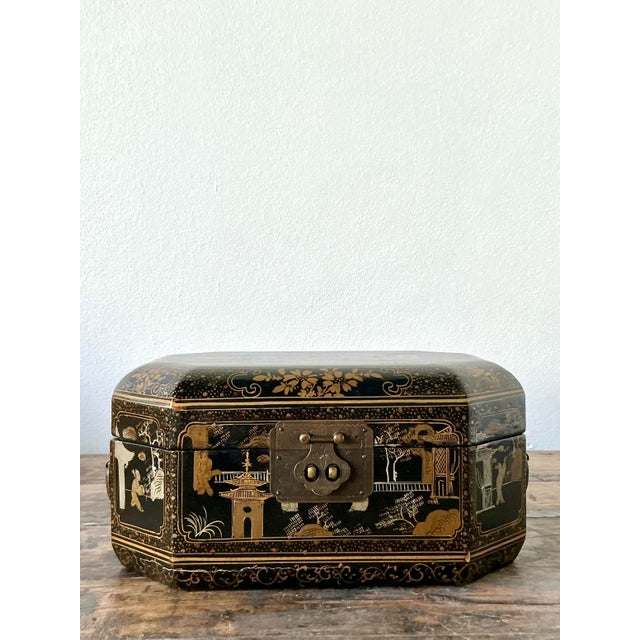 Mid 20th Century Vintage Asian Lacquered Chinoiserie Sewing Box For Sale - Image 5 of 12