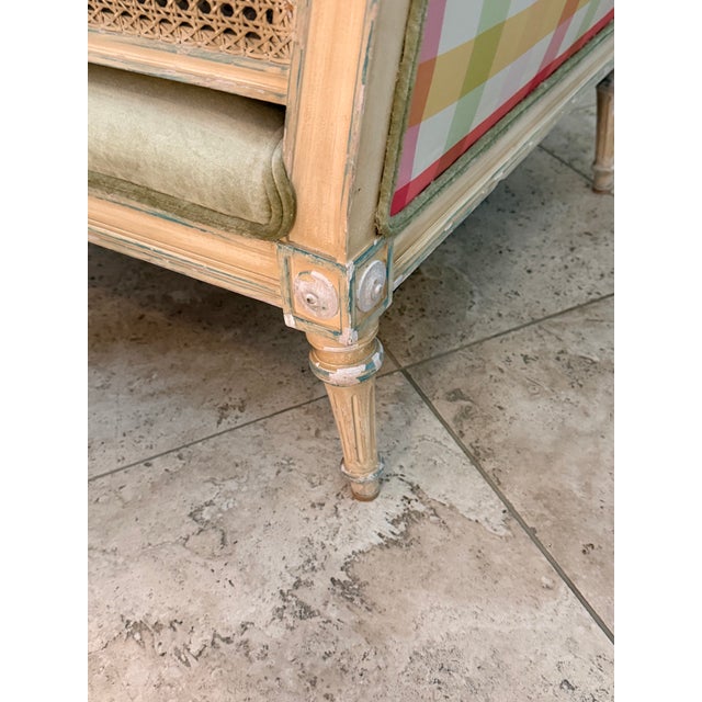Mid 20th Century Rare Pair Louis XVI French Style Carved Bergere Chairs With Cane Sides For Sale - Image 11 of 16