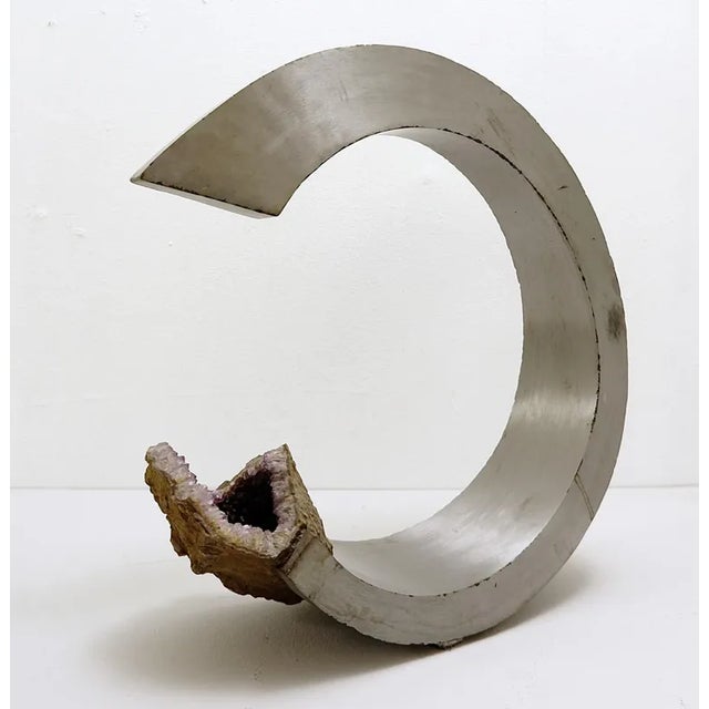 Silver Brushed Aluminum and Amethyst Arc Sculpture For Sale - Image 8 of 10