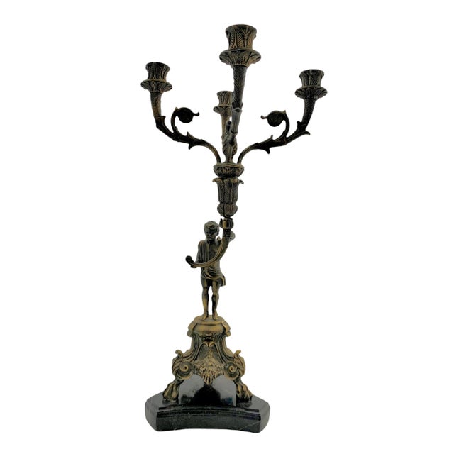 Late 20th Century Late 20th Century Bronze Cherub Candelabra Pair on Marble Bases, Empire Style, 21.2"h For Sale - Image 5 of 10