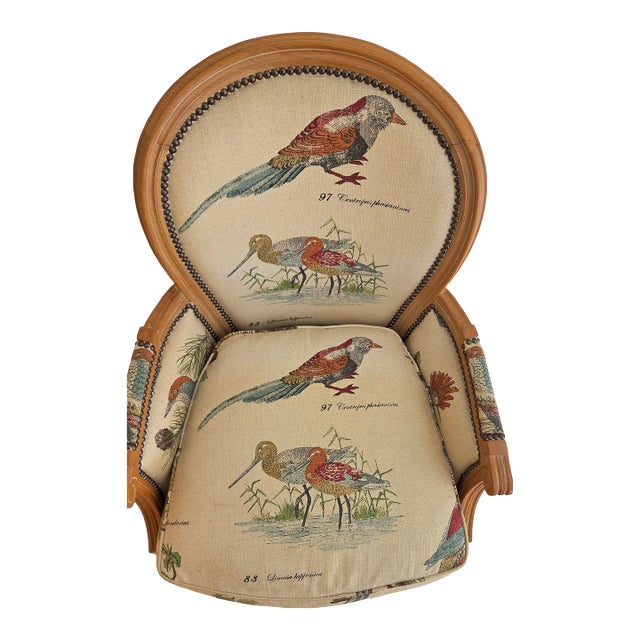 1980s French Louis XVI Style Armchair With Upholstered Bird Tapestry Fabric For Sale