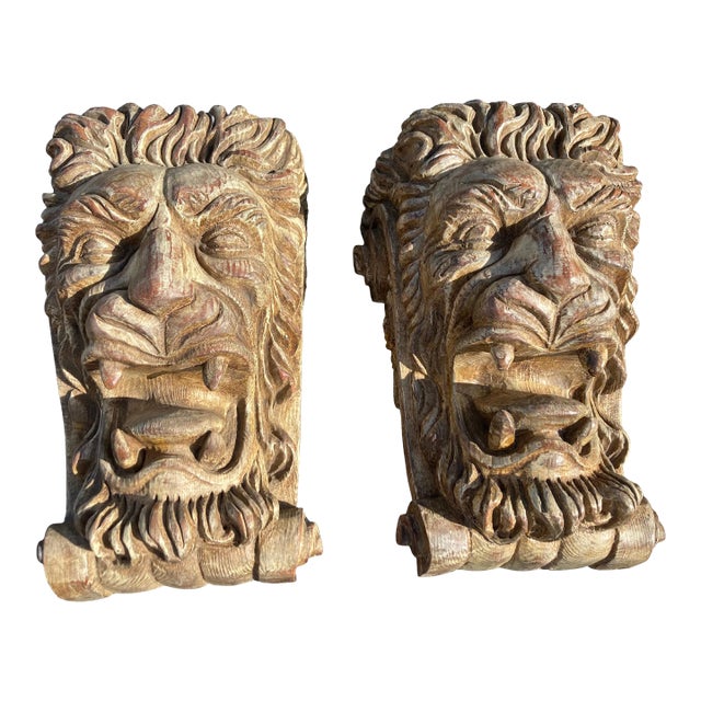 1970s Sarreid Carved Wood Lion Gargoyle Wall Shelves - Set of 2 For Sale