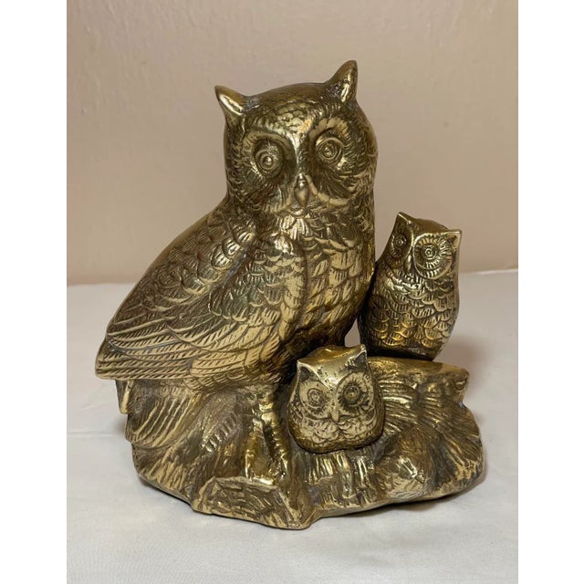 Contemporary Vintage Brass Owl Family on Branch Figurine Sculpture For Sale - Image 3 of 9