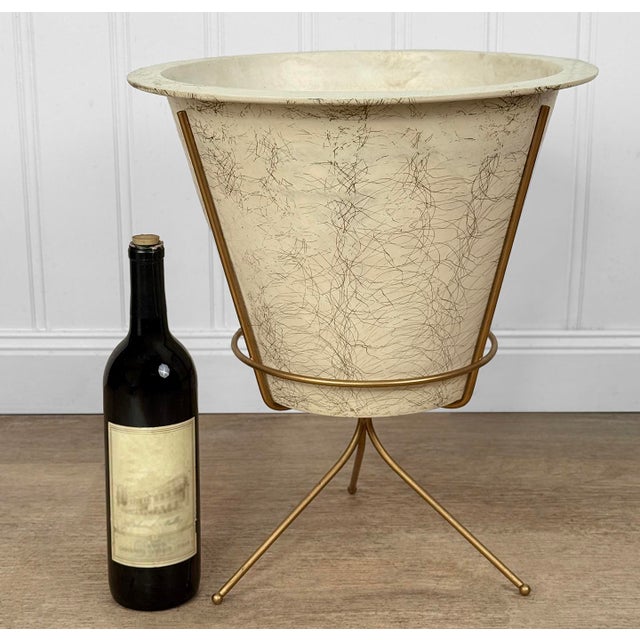 Original 1950's Atomic Era Planter Stand Cream Fiberglass Planter Insert with Attractive Drizzle String Motif Gold Gilded...