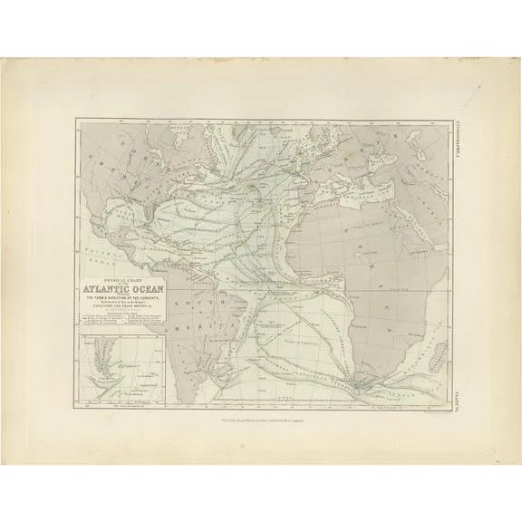 Antique Physical Chart of the Atlantic Ocean by Johnston, 1850 For Sale