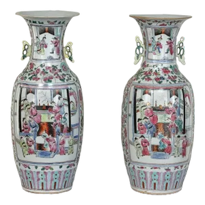 Pair 19th Century Hand-Painted Chinese Vases