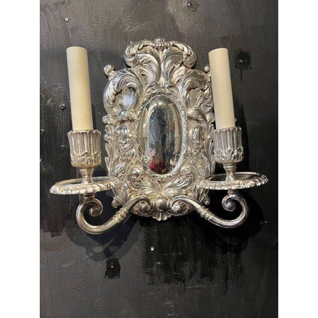 Metal 1900 Caldwell Baroque Silver Plated Sconces With 2 Lights - a Pair For Sale - Image 7 of 9