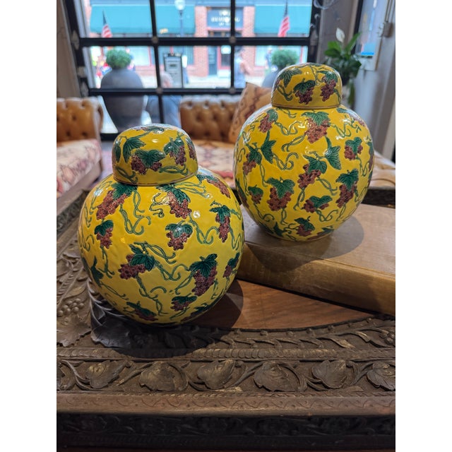 Gorgeous pair of Chinese ginger jars with lids. Unusual yellow/purple grapevine pattern. Incredibly beautiful. In perfect...