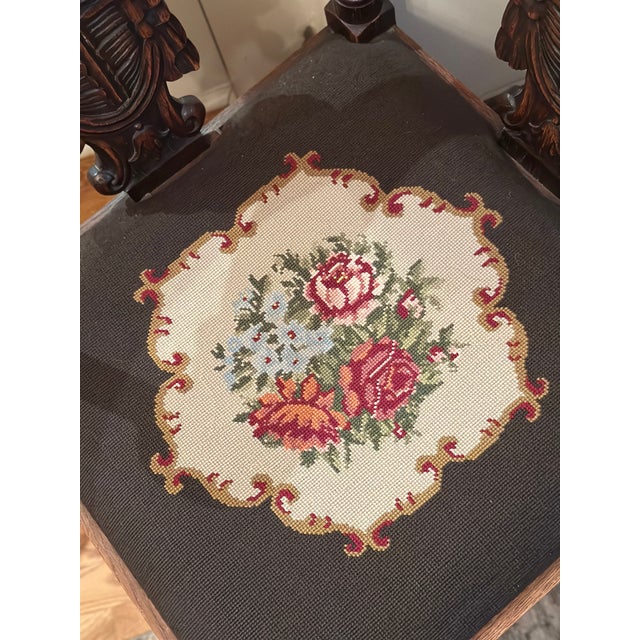 Wood Antique Angel Carved 3-Corner Oak Chair With Needlepoint (Pair) For Sale - Image 7 of 7