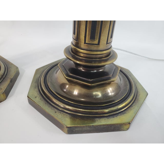 Vintage Stiffel Torchiere Table Lamps Brass Wood - Rare Neoclassical Design - a Pair For Sale - Image 12 of 13