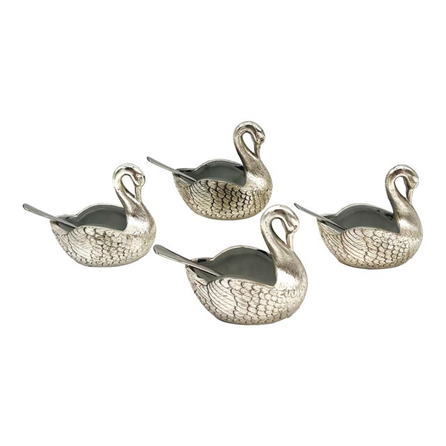 Set of Four Silver -Plated Swan Salt Cellars With Glass Inserts and Spoons — Vintage Tableware, Hollywood Regency Style For Sale