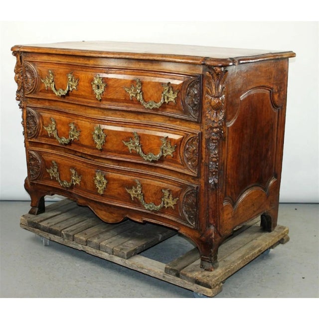 French Antique French Louis XV Carved Walnut Commode For Sale - Image 3 of 11