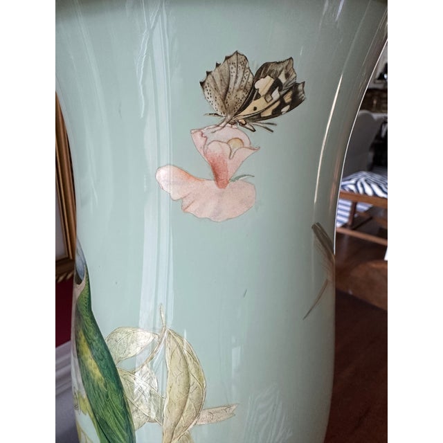 Glass 1960s English Hand Rendered Decalcomania Regency Style Table Lamp With Birds and Butterflies For Sale - Image 7 of 11