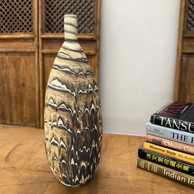 Contemporary Elongated Brown, White & Black Drip Prem Vase For Sale - Image 3 of 9