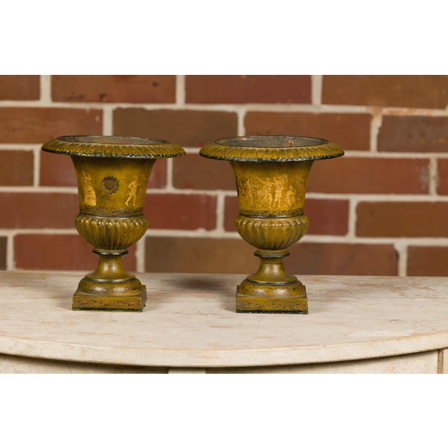 Early 20th Century Pair of Neoclassical Style Iron Planters with Liners and Mythological Figures For Sale - Image 11 of 12