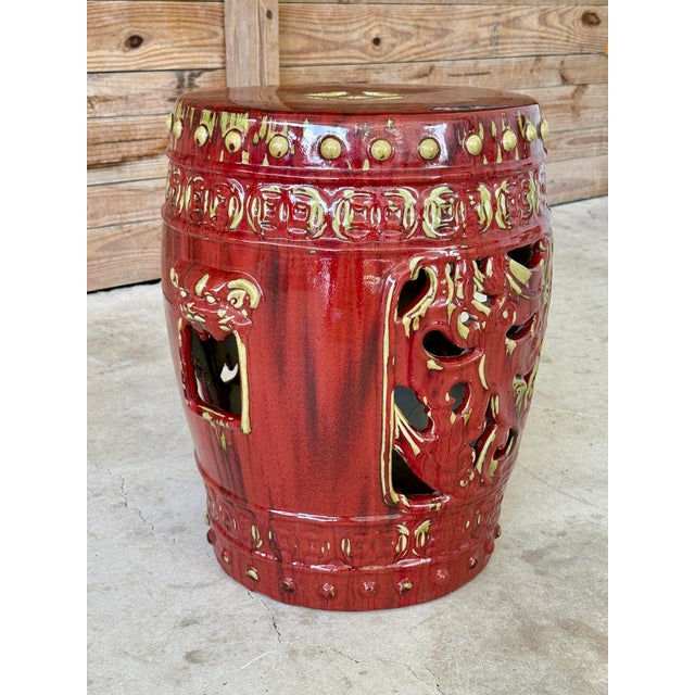 Vintage Oxblood Red Chinese Ceramic Glazed Garden Stool With Pierced Detailing For Sale - Image 4 of 12