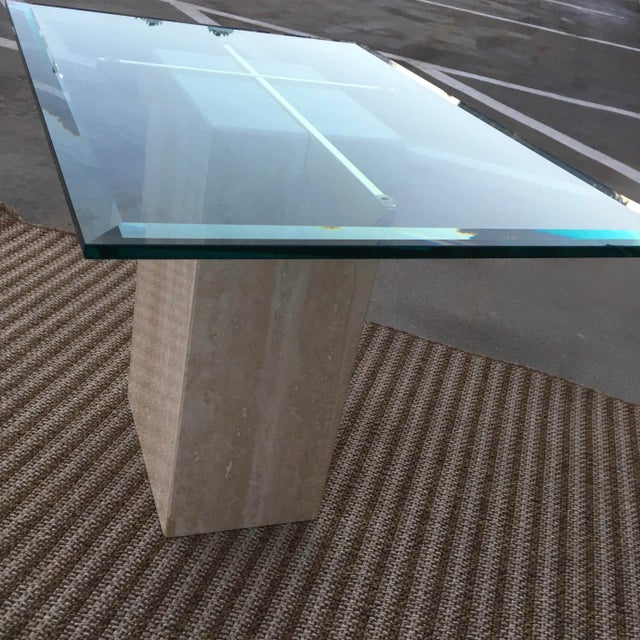 Artedi Brass-X Pedestal Glass End Table in Polished Travertine Italy For Sale - Image 9 of 13