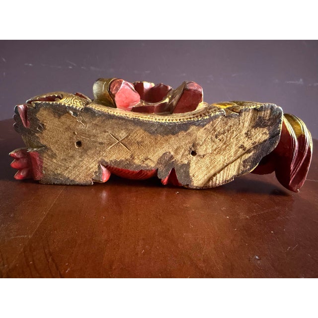 Chinese Carved Wooden Quan Yin or Ancestor Figure on Foo Dog Incense Holder. Beautiful Carving Sang De Bouef Undertones With Gold Overlay. For Sale - Image 10 of 10