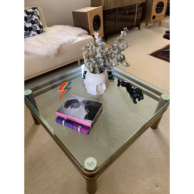 1980s Milo Baughman Style Modern Brass and Glass Square Rounded Edge Coffee Table For Sale - Image 12 of 13