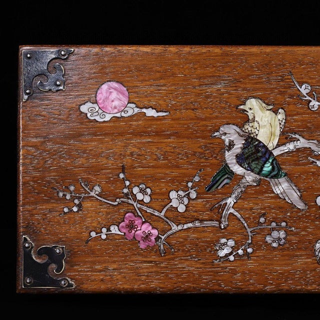 Huanghuali Style Wood Jewelry Box With Mother of Pearl Inlay – Bird & Flower Motif For Sale In Los Angeles - Image 6 of 10