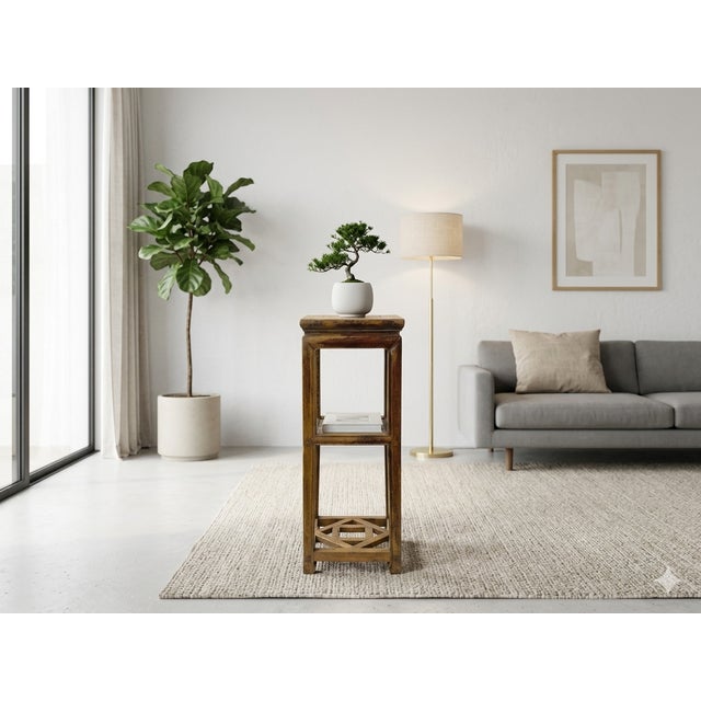 Vintage Patina Square Slim Wood Pedestal Display Stand Side Table For Sale - Image 4 of 9