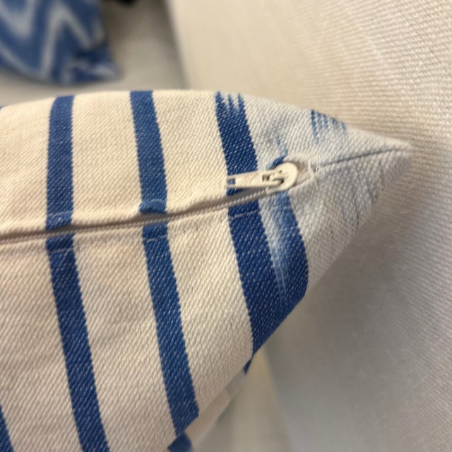 Thick Woven Fabric With Blue Hand Dyed Ikat Design With New Feather Down Insert For Sale - Image 4 of 6