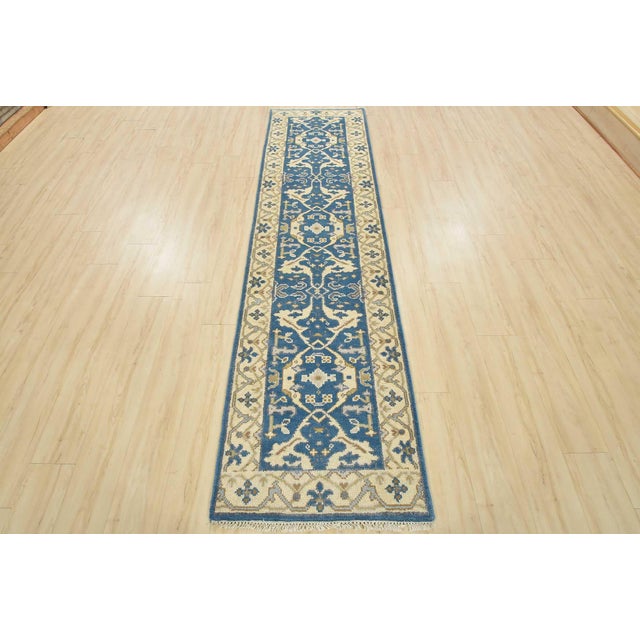 Tribal Oushak Runner 2’7” X 10′ Blue Wool Tribal Hand-Knotted Oriental Rug For Sale - Image 3 of 13
