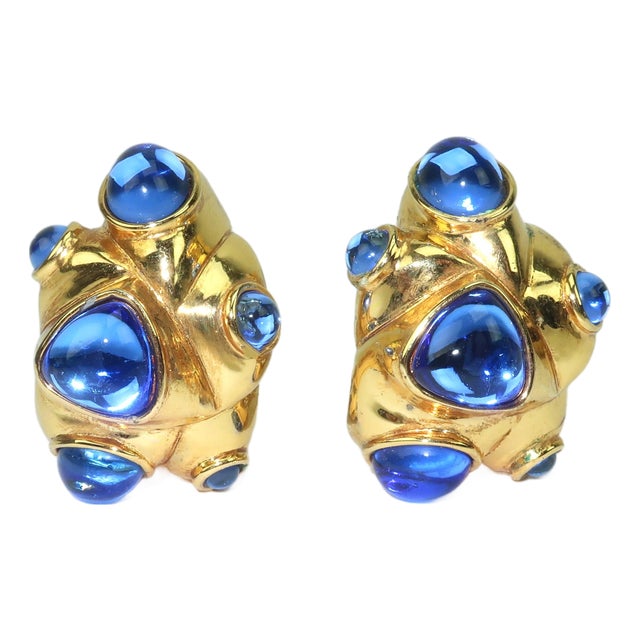 Antigona Paris Gold Plated Sculptural Earrings With Blue Cabochons, a Pair For Sale