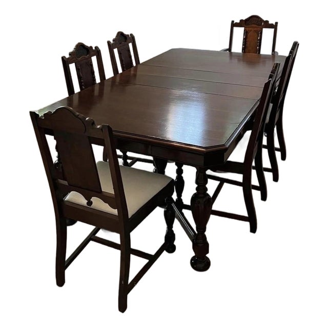 Jacobean 1920s Walnut Dining Set Table and 6 Chairs For Sale