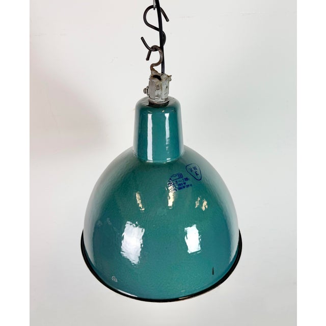 Metal Industrial Petrol Enamel Factory Pendant Lamp, 1960s For Sale - Image 7 of 17