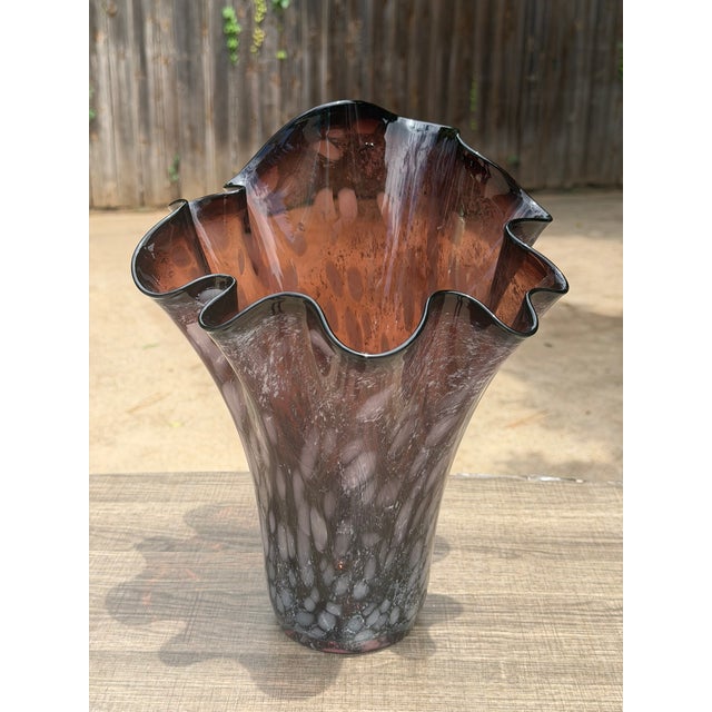 Mid-Century Modern Large Hand-Blown Amethyst Art Glass Freeform Handkerchief Vase With White Mottled Inclusions, 13.5"h For Sale - Image 3 of 8