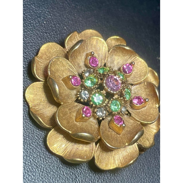 Coro Florenza MCM Multi-Tiered, Botanical Floral Brooch Green and Pink Stones For Sale - Image 4 of 5