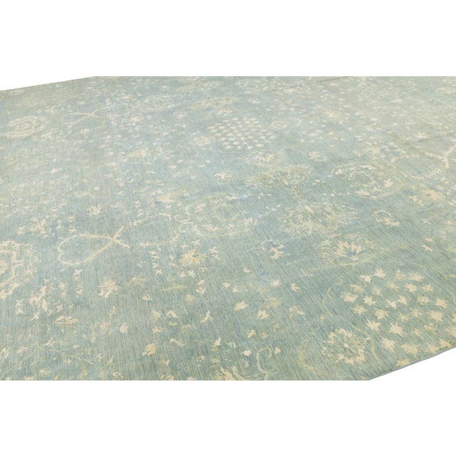 Blue Transitional Handmade Wool and Silk Rug With Floral Design For Sale In New York - Image 6 of 10