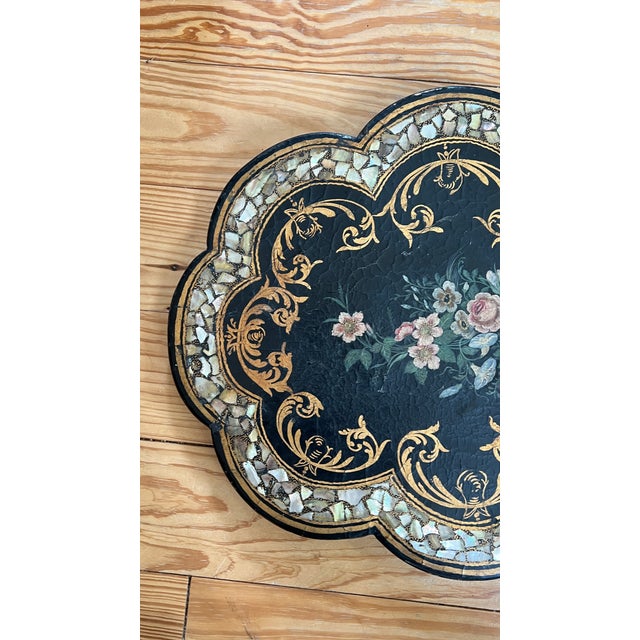 Paper Antique 19th C Floral, Gold Gilt, Mother of Pearl, Papier Mache Scalloped TableTop/Wall Hanging 22"x18" 1880''s For Sale - Image 7 of 7