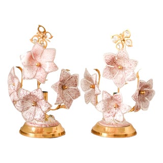 Vintage Pink Murano Glass Flower Table Lamps, Italy, 1970s, Set of 2 For Sale