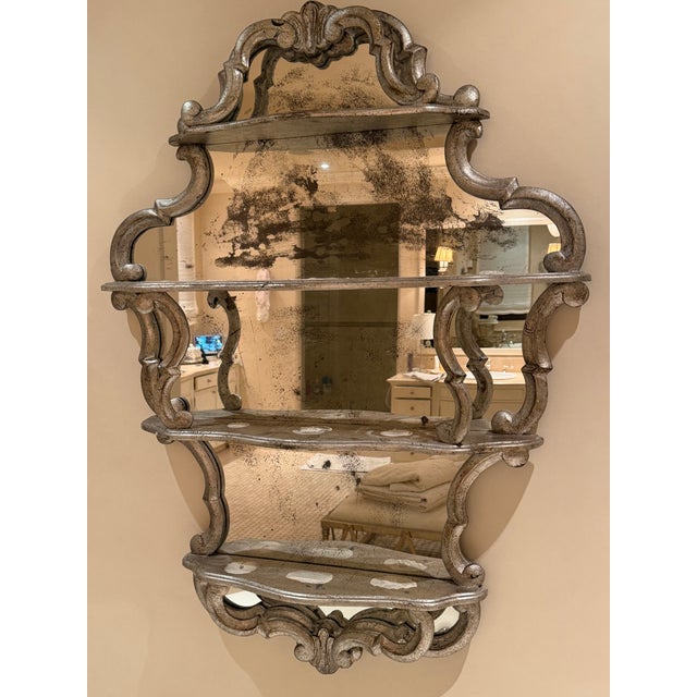 This stunning unique Classic Italian 4 tier wall display shelf, mirror/etagere is made of wood and finished in white gold...