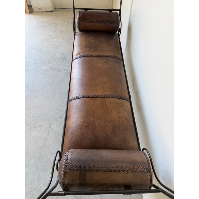 Metal Vintage Rustic Wrought Iron & Leather Scroll Bench For Sale - Image 7 of 12