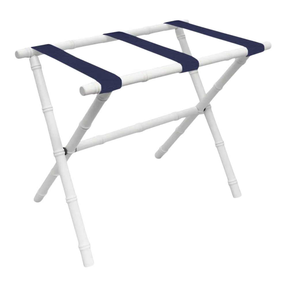 White Wood Bamboo Inspired Luggage Rack with 3 Navy Nylon Straps | Chairish