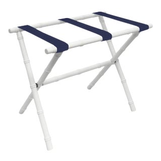 White Wood Bamboo Inspired Luggage Rack with 3 Navy Nylon Straps For Sale