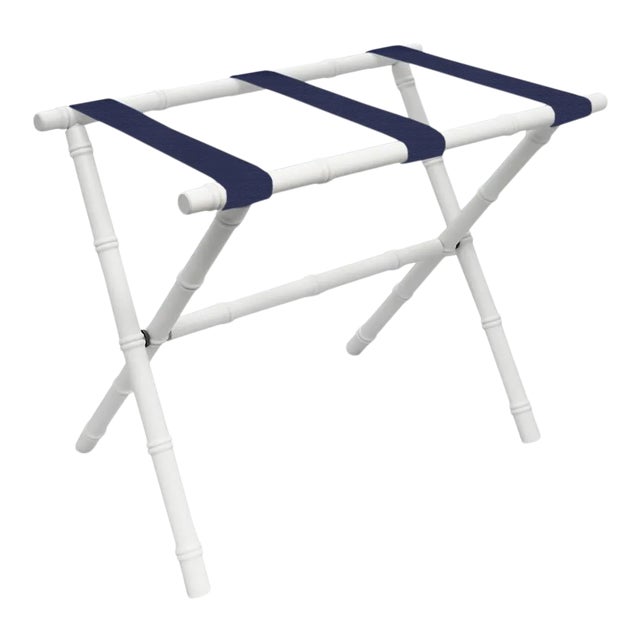 White Wood Bamboo Inspired Luggage Rack with 3 Navy Nylon Straps For Sale