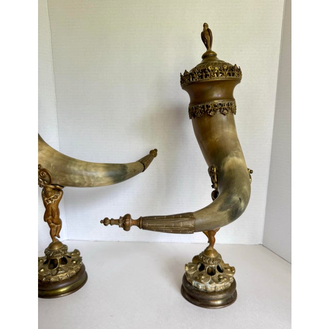 Metal Pair of 19th C. Brass and Horn Cherub Trophy Beer Steins Mantel Cornucopias For Sale - Image 7 of 12